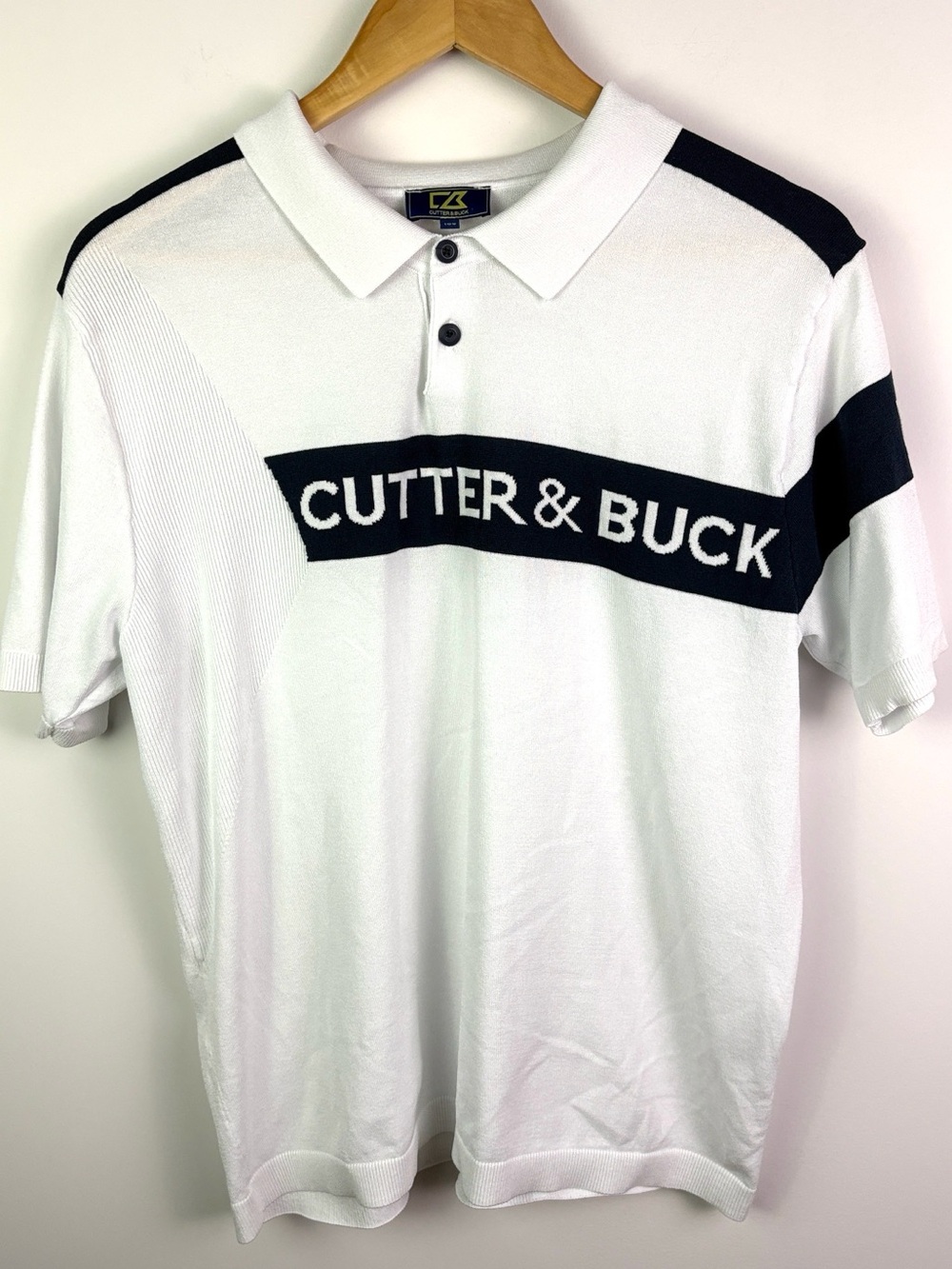 Cutter & Buck White knit Polo with Blue Branding Stripe equivalent to size L